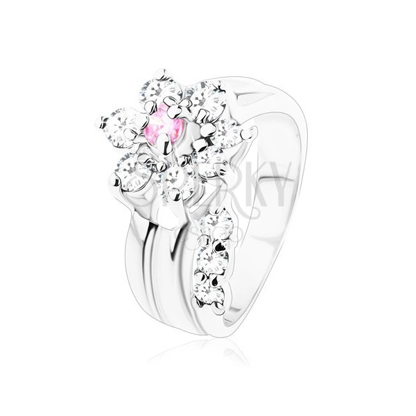 Prsten s hladkými rameny, zirkonový kvítek v růžovém a čirém odstínu