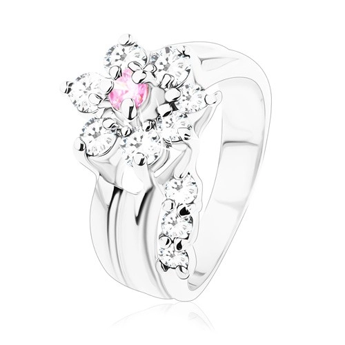 Prsten s hladkými rameny, zirkonový kvítek v růžovém a čirém odstínu - Velikost: 49
