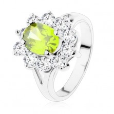 Prsten s rozdvojenými rameny, zelený zirkonový ovál s lemováním v čirém odstínu