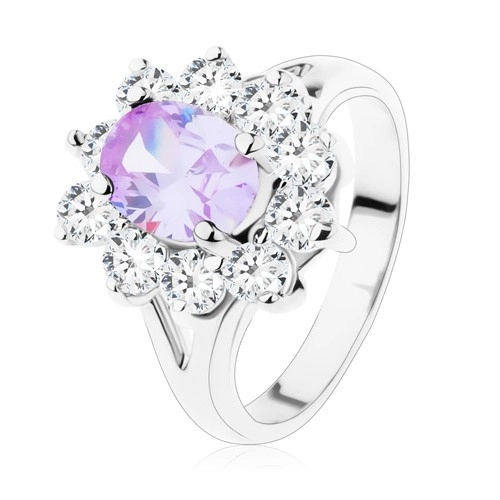 Třpytivý prsten s rozdělenými rameny, broušené zirkony ve světle fialové a čiré barvě - Velikost: 56