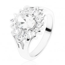 Prsten ve stříbrné barvě s rozdělenými rameny, průzračné zirkony