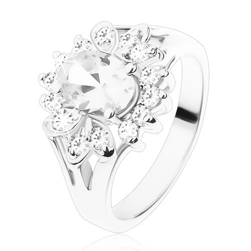 Prsten ve stříbrné barvě s rozdělenými rameny, průzračné zirkony - Velikost: 54