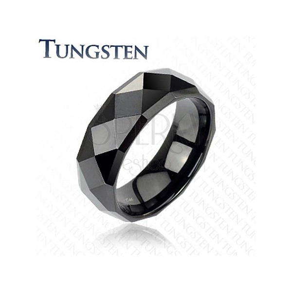Černý prsten z wolframu s lesklým broušeným povrchem, 8 mm