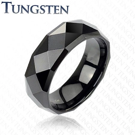 Černý prsten z wolframu s lesklým broušeným povrchem, 8 mm - Velikost: 49