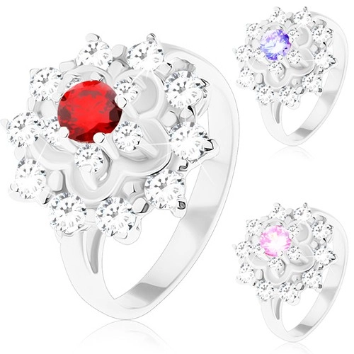 Třpytivý prsten ve stříbrném odstínu, kontura květu, kulaté zirkony - Velikost: 50, Barva: Světle fialová