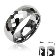 Wolframový prsten stříbrné barvy, broušené lesklé šestihrany, 6 mm