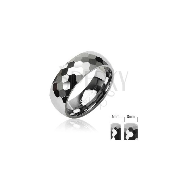 Wolframový prsten stříbrné barvy, broušené lesklé šestihrany, 6 mm