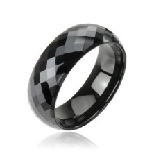 Lesklý wolframový prsten v černém odstínu - vybroušené kosočtverce, 8 mm