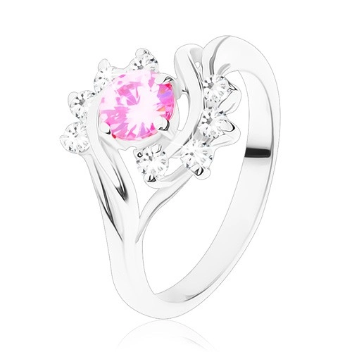 Lesklý prsten s úzkými rameny ve stříbrné barvě, růžový zirkon, čirý oblouk - Velikost: 53