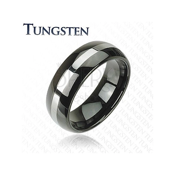 Černý prsten z wolframu, pás stříbrné barvy, zaoblený povrch, 8 mm