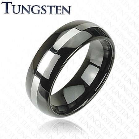 Černý prsten z wolframu, pás stříbrné barvy, zaoblený povrch, 8 mm - Velikost: 49