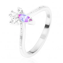 Prsten s vroubkovanými rameny, zrnko ve světle fialové barvě, tři čiré zirkonky