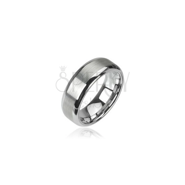 Wolframový prsten stříbrné barvy, matný středový pruh a lesklé okraje, 8 mm