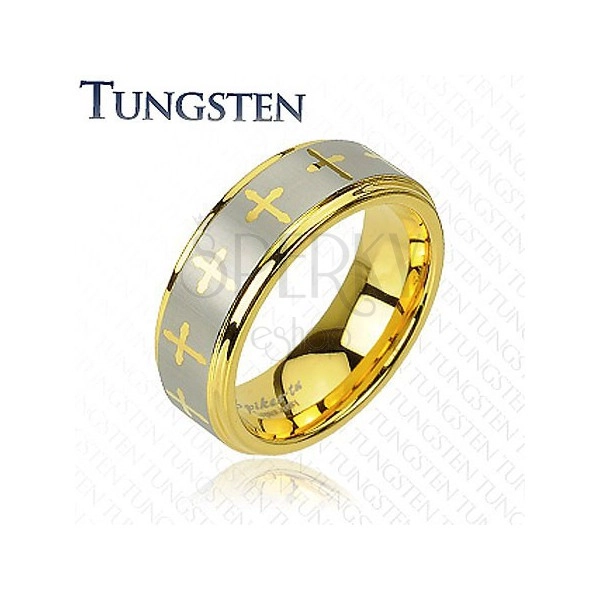 Wolframový prsten ve zlatém odstínu, křížky a pás stříbrné barvy, 8 mm