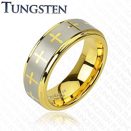 Wolframový prsten ve zlatém odstínu, křížky a pás stříbrné barvy, 8 mm - Velikost: 57