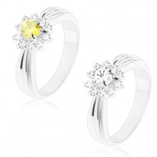 Třpytivý prsten s podlouhlými zářezy, broušený květ z kulatých zirkonů
