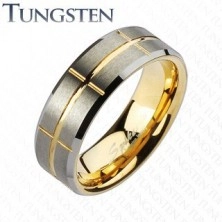 Dvoubarevný prsten z wolframu, zlatý a stříbrný odstín, zářezy, 8 mm