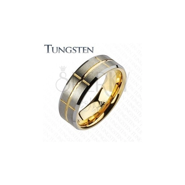 Dvoubarevný prsten z wolframu, zlatý a stříbrný odstín, zářezy, 8 mm