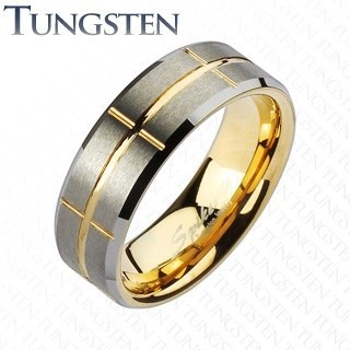 Dvoubarevný prsten z wolframu, zlatý a stříbrný odstín, zářezy, 8 mm - Velikost: 54