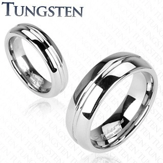 Lesklý wolframový prsten stříbrné barvy, vyrytý středový pruh, 6 mm - Velikost: 68