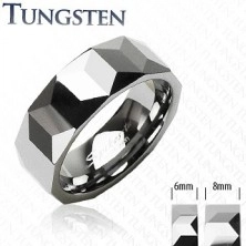 Prsten z wolframu stříbrné barvy, geometricky broušený povrch, 6 mm