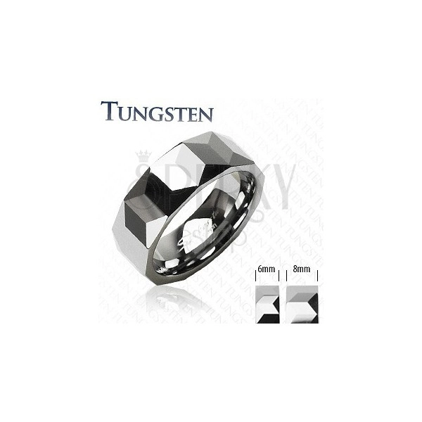 Prsten z wolframu stříbrné barvy, geometricky broušený povrch, 6 mm
