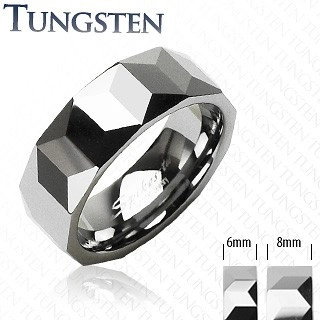 Prsten z wolframu stříbrné barvy, geometricky broušený povrch, 6 mm - Velikost: 59