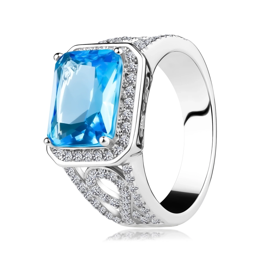 Stříbrný 925 prsten, ramena s ornamentem, světle modrý zirkon, čirá obruba - Velikost: 51