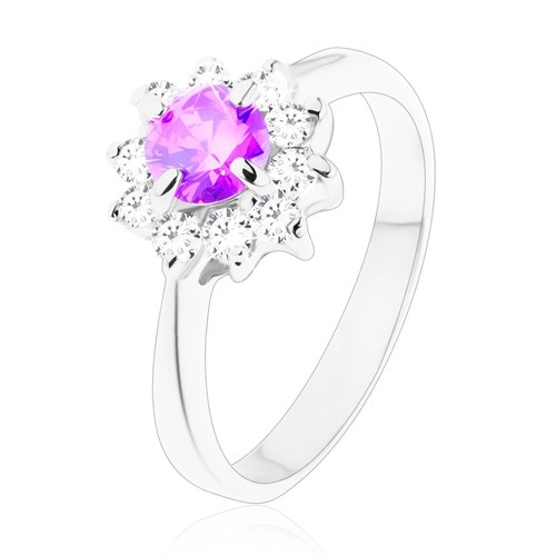Prsten ve stříbrné barvě, úzká ramena, kvítek ve fialovém a čirém odstínu - Velikost: 61