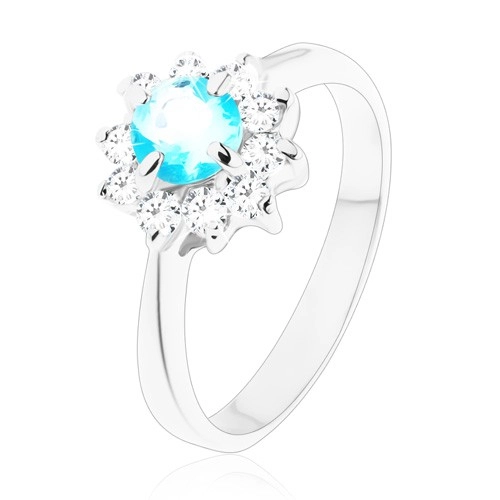 Lesklý prsten s úzkými rameny, světle modrý kulatý zirkon, čirý zirkonový lem - Velikost: 49