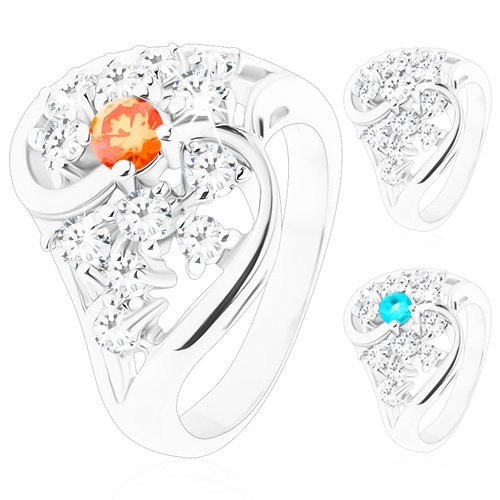 Prsten s rozdělenými zvlněnými rameny, stříbrný odstín, broušené zirkony - Velikost: 54, Barva: Oranžová