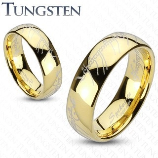 Wolframový prsten ve zlatém odstínu, motiv písma z Pána prstenů, 8 mm - Velikost: 65