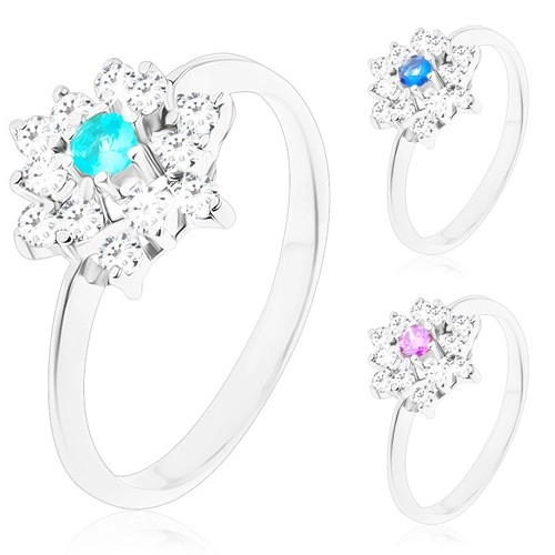 Prsten stříbrné barvy, zářivý zirkonový květ s barevným středem - Velikost: 54, Barva: Tmavomodrá