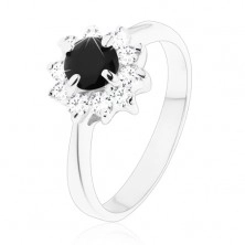 Blýskavý prsten s úzkými rameny, kulatý černý zirkon s čirým lemováním