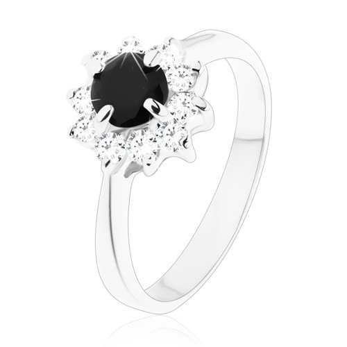 Blýskavý prsten s úzkými rameny, kulatý černý zirkon s čirým lemováním - Velikost: 54