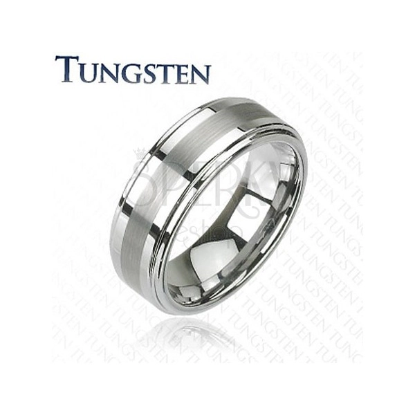 Prsten z wolframu v tmavě šedém lesklém odstínu, broušený středový pás, 8 mm