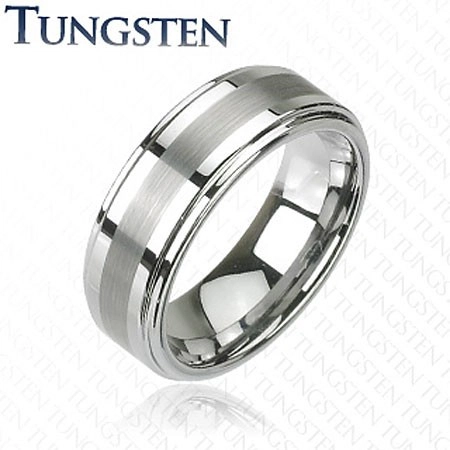Prsten z wolframu v tmavě šedém lesklém odstínu, broušený středový pás, 8 mm - Velikost: 69