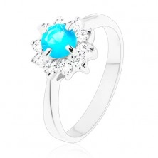 Lesklý prsten s úzkými hladkými rameny, zirkonový květ modré a čiré barvy