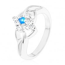 Třpytivý prsten s rozdělenými rameny, modrý zirkon v čirém kosočtverci