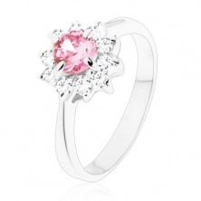 Lesklý prsten se zirkonovým kvítkem v růžové a čiré barvě, zúžená ramena