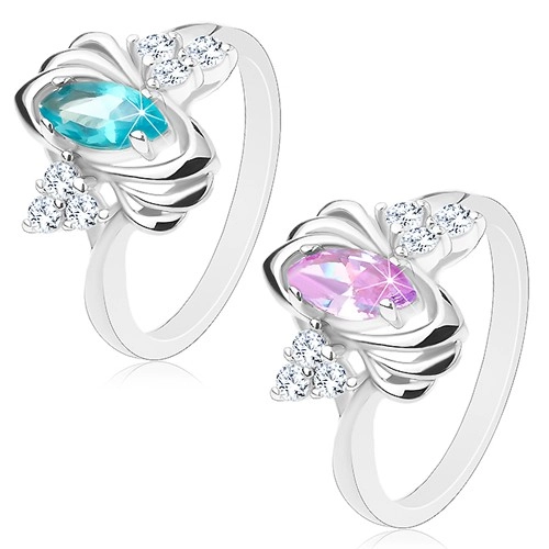 Lesklý prsten stříbrné barvy, barevné zrnko, trojice čirých zirkonků, obloučky - Velikost: 54, Barva: Aqua modrá