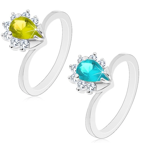 Prsten ve stříbrné barvě, barevná zirkonová slza s čirým třpytivým lemem - Velikost: 51, Barva: Zelená