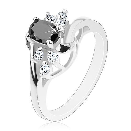 Lesklý prsten se zahnutými rameny, černý ovál, blýskavé čiré zirkonky, obloučky - Velikost: 50
