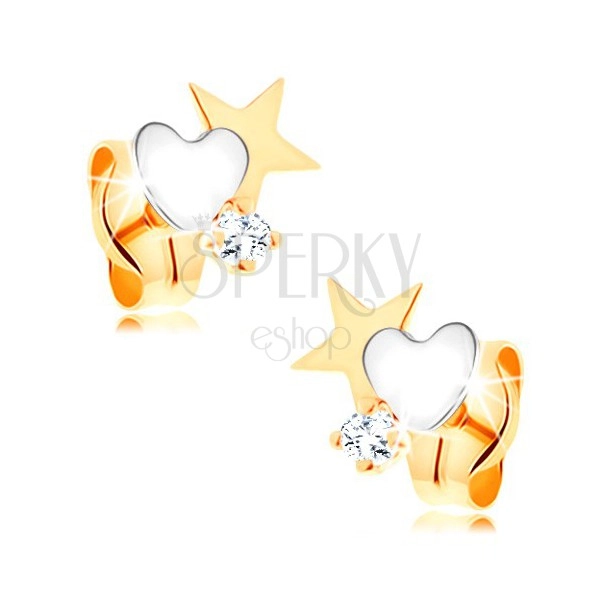 Dvoubarevné zlaté náušnice 585 - hvězda a srdce, kulatý čirý zirkonek
