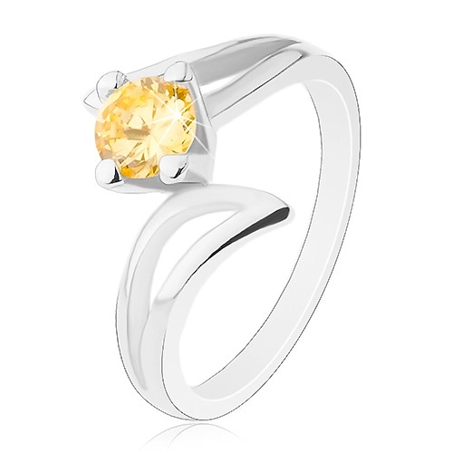 Blýskavý prsten s rozdělenými rameny, kulatý zirkon ve žlutém odstínu - Velikost: 50