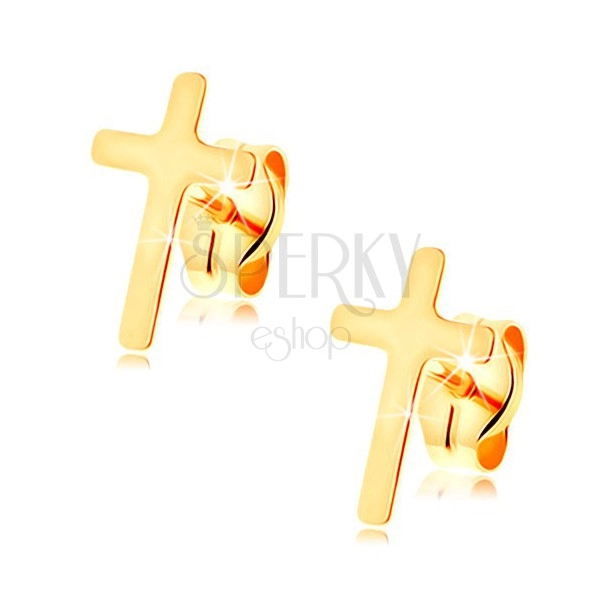 Náušnice ve žlutém 14K zlatě - malý latinský křížek, vysoký lesk, puzetky