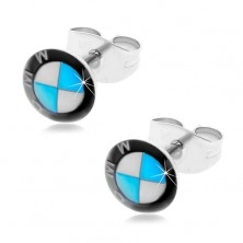 Kruhové ocelové náušnice - černo-bílo-modré logo automobilky, puzetky