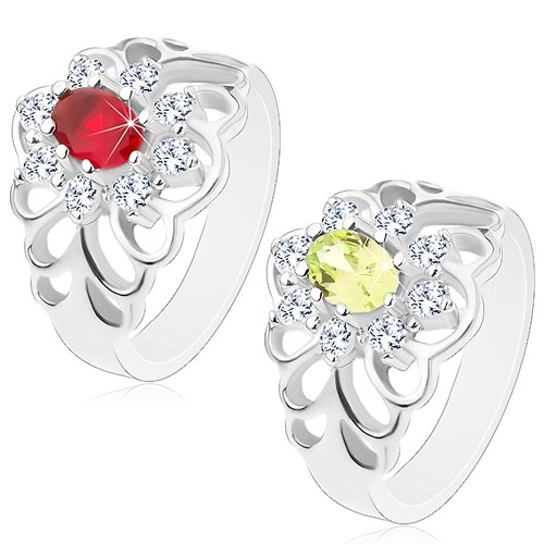 Lesklý prsten s vyřezávanými rameny, broušený oválný zirkon s čirou obrubou - Velikost: 52, Barva: Světle zelená