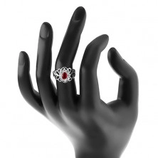 Lesklý prsten s vyřezávanými rameny, broušený oválný zirkon s čirou obrubou