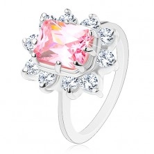 Zářivý prsten s úzkými rameny, růžový obdélník, průsvitné kulaté zirkony
